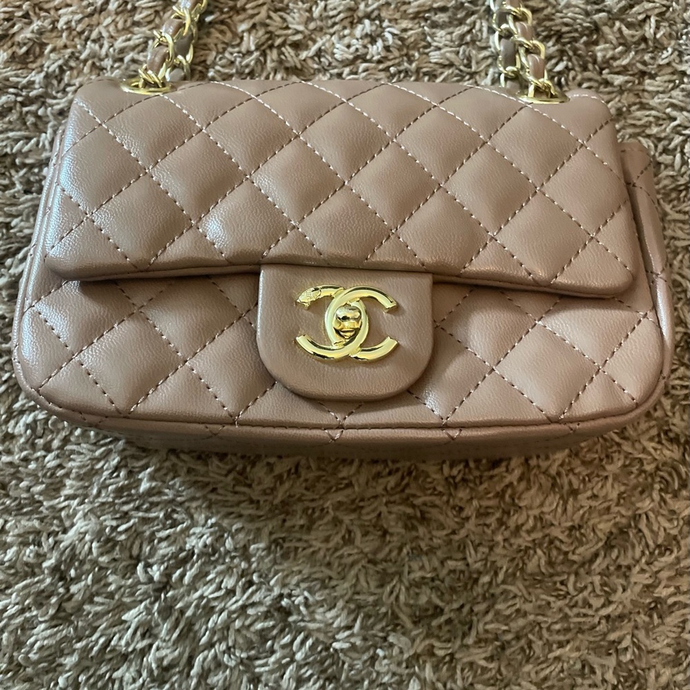 Tan Quilted Shoulder Bag with Gold CC Closure